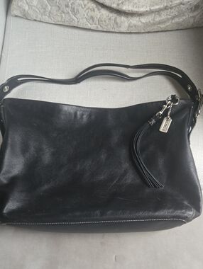Coach Black Leather Shoulder Bag with Tassel and Logo Tag